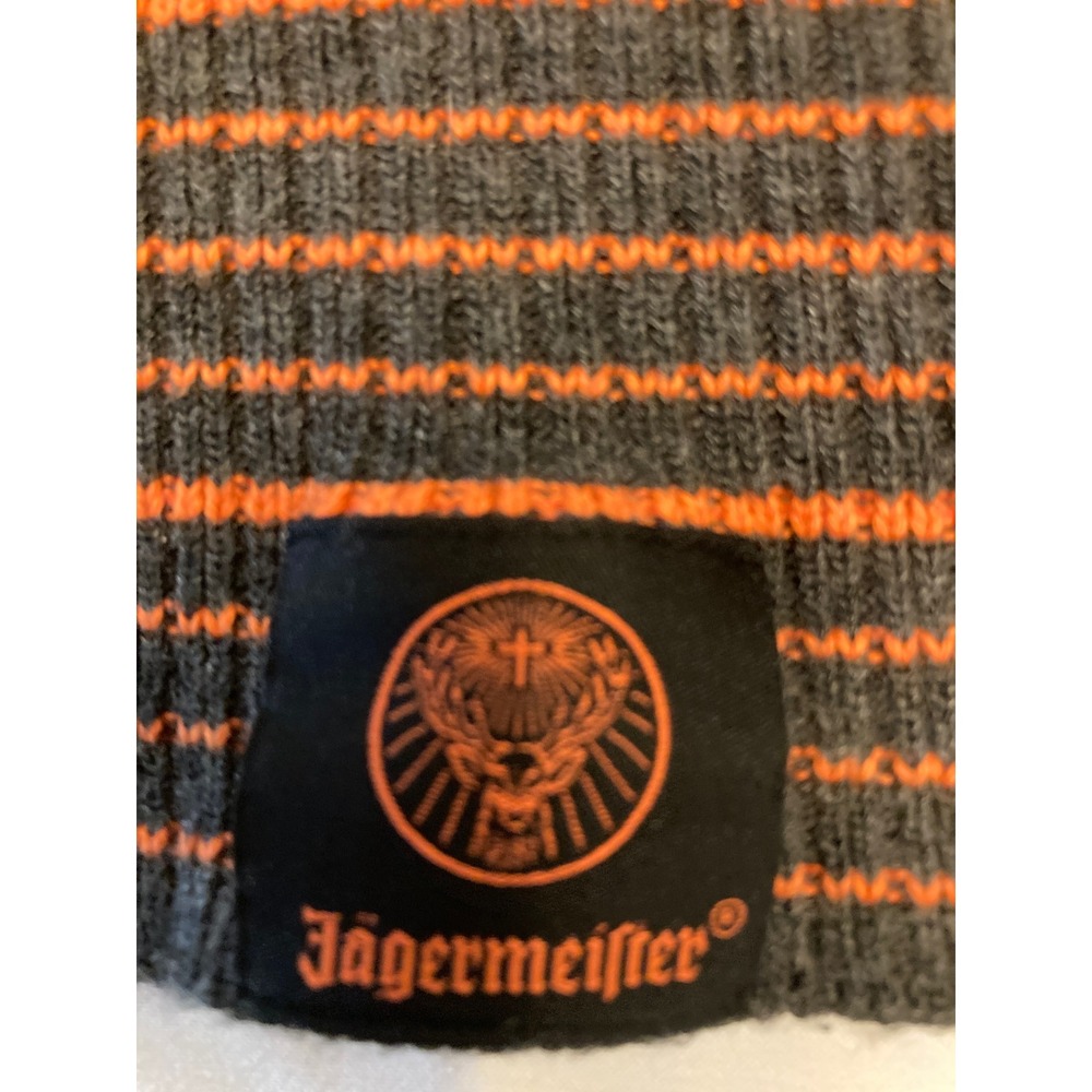 Jagermeister Mens Grey Orange Striped Ribbed Knit Beanie Logo Patch Hat One Size